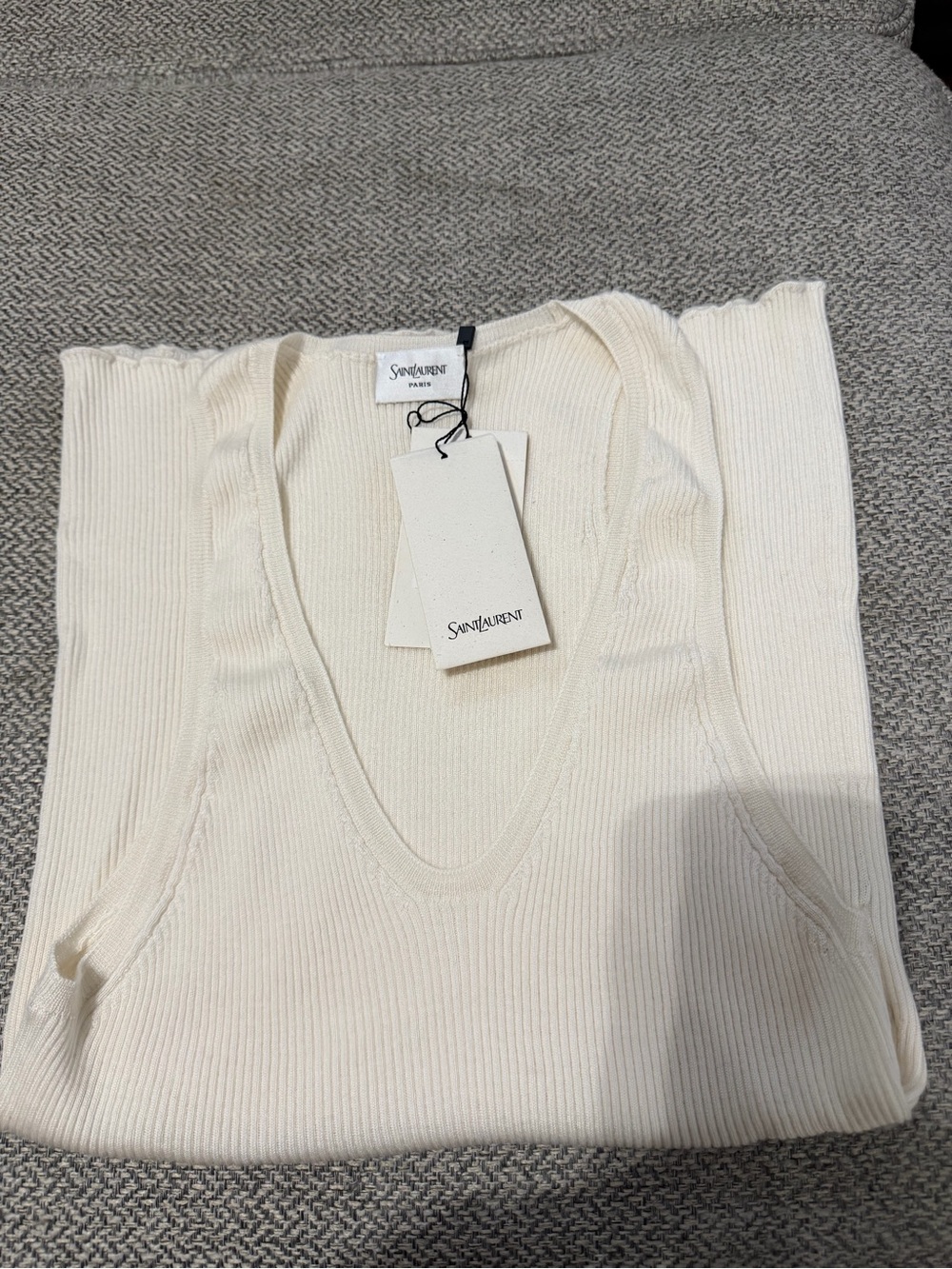Saint Laurent Ivory Ribbed V-Neck Knit Tank